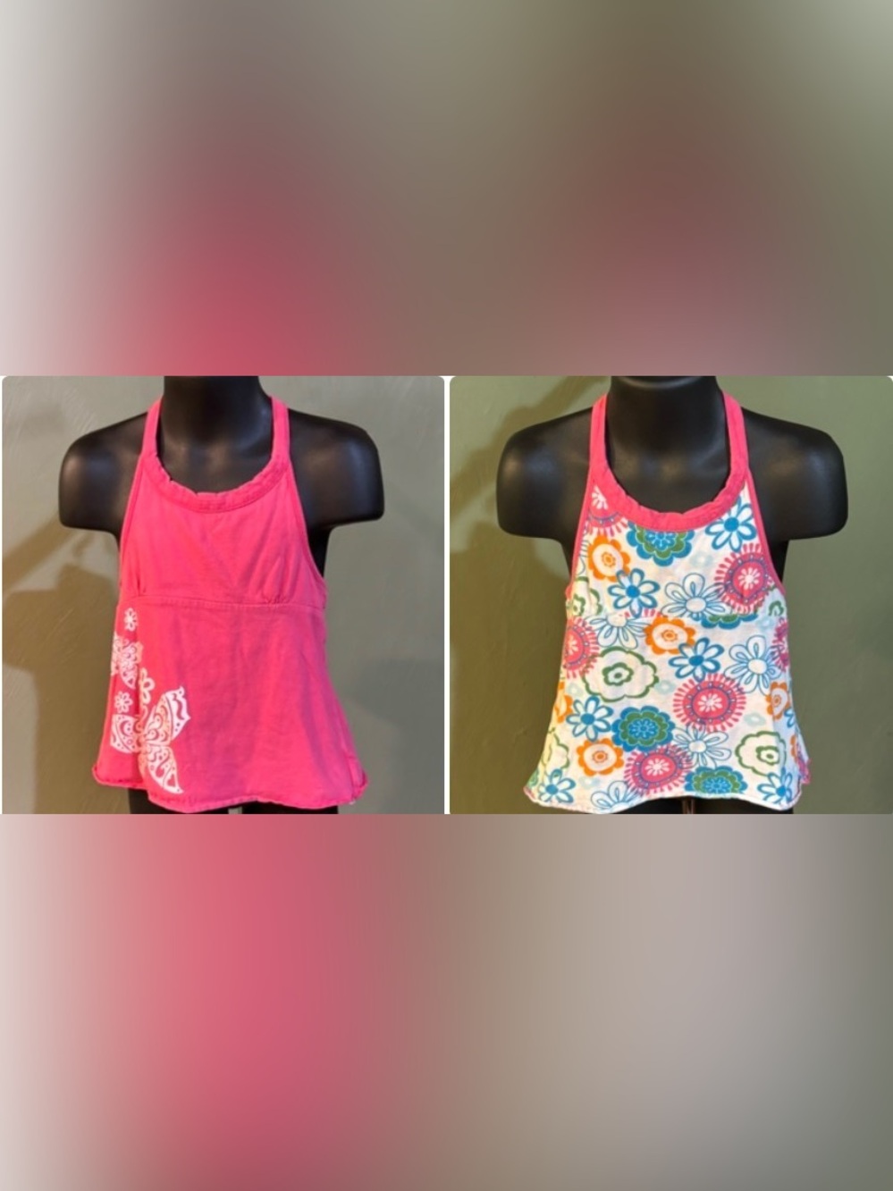 Girls Reversible Halter Tank Top Size 4/5 - Pink Butterfly / Retro Floral Print